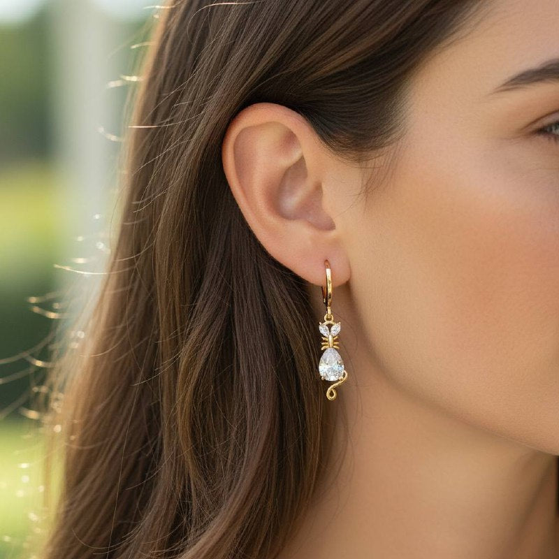 Crystal Cat Drop Hoop Earrings – 18K Gold-Plated ✨