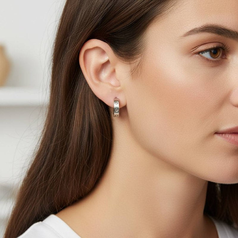 Stainless steel Cartier with stone Minimal Screw Detail Hoop Earrings – Silver ✨