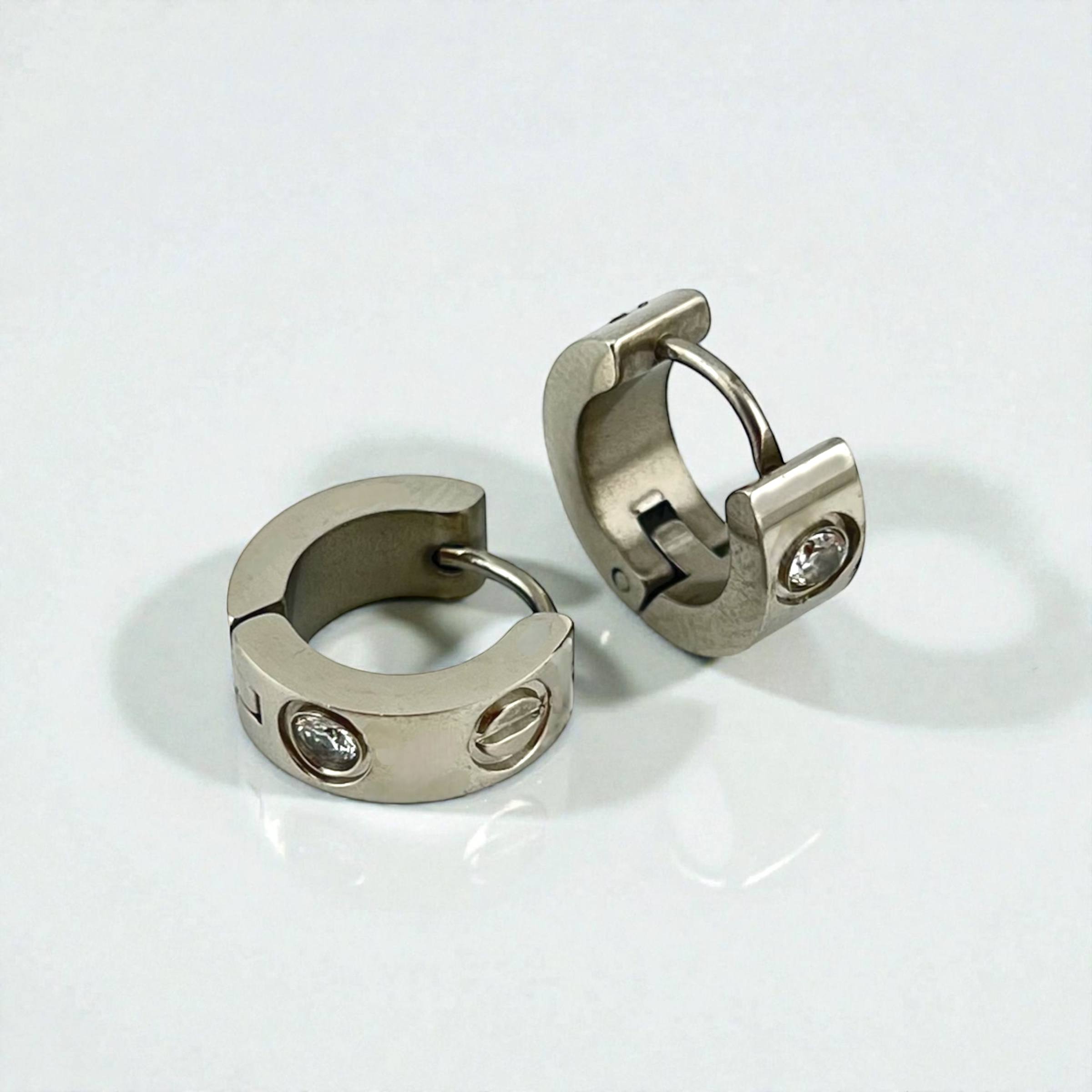 Stainless Steel cartier Silver Screw & Crystal Huggie Earrings – Modern Edge ✨