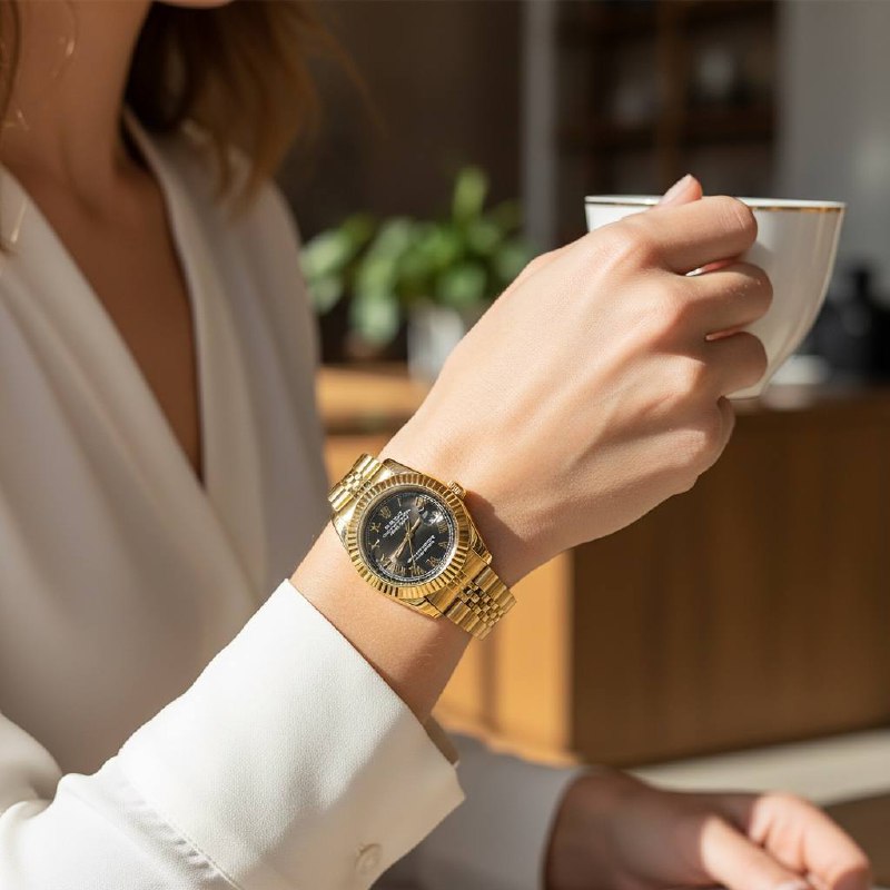 Rolex Gold Elegance Women’s Watch – Black Dial