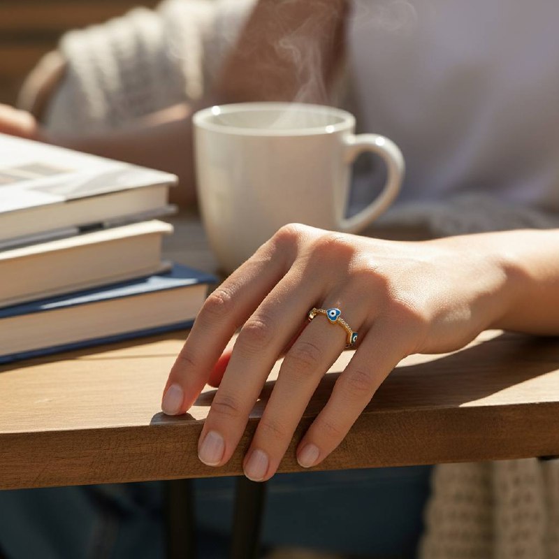 Trio Heart Eye Ring – Gold & Blue Enamel