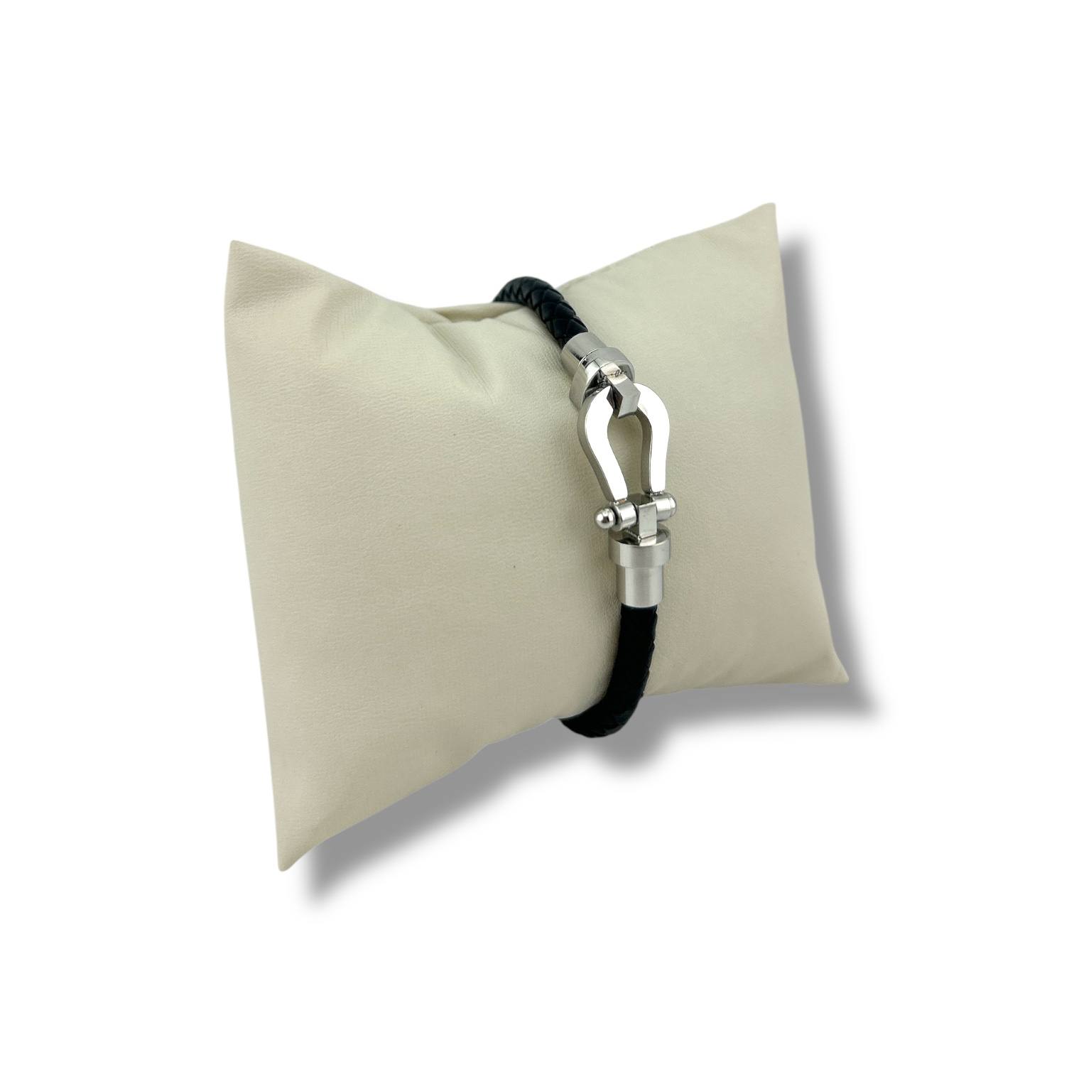 ⚓ Black Clasp Braided Leather Bracelet – Matte Steel Edition