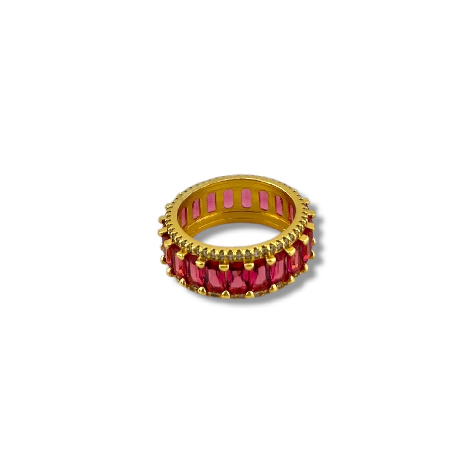 Crimson Radiance Ring – Gold-Plated with Ruby-Hued Baguettes
