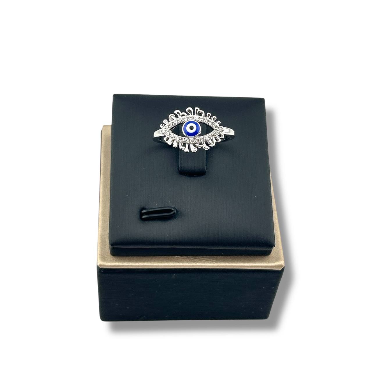 👁 Silver Sparkle Evil Eye Ring – Dark Blue